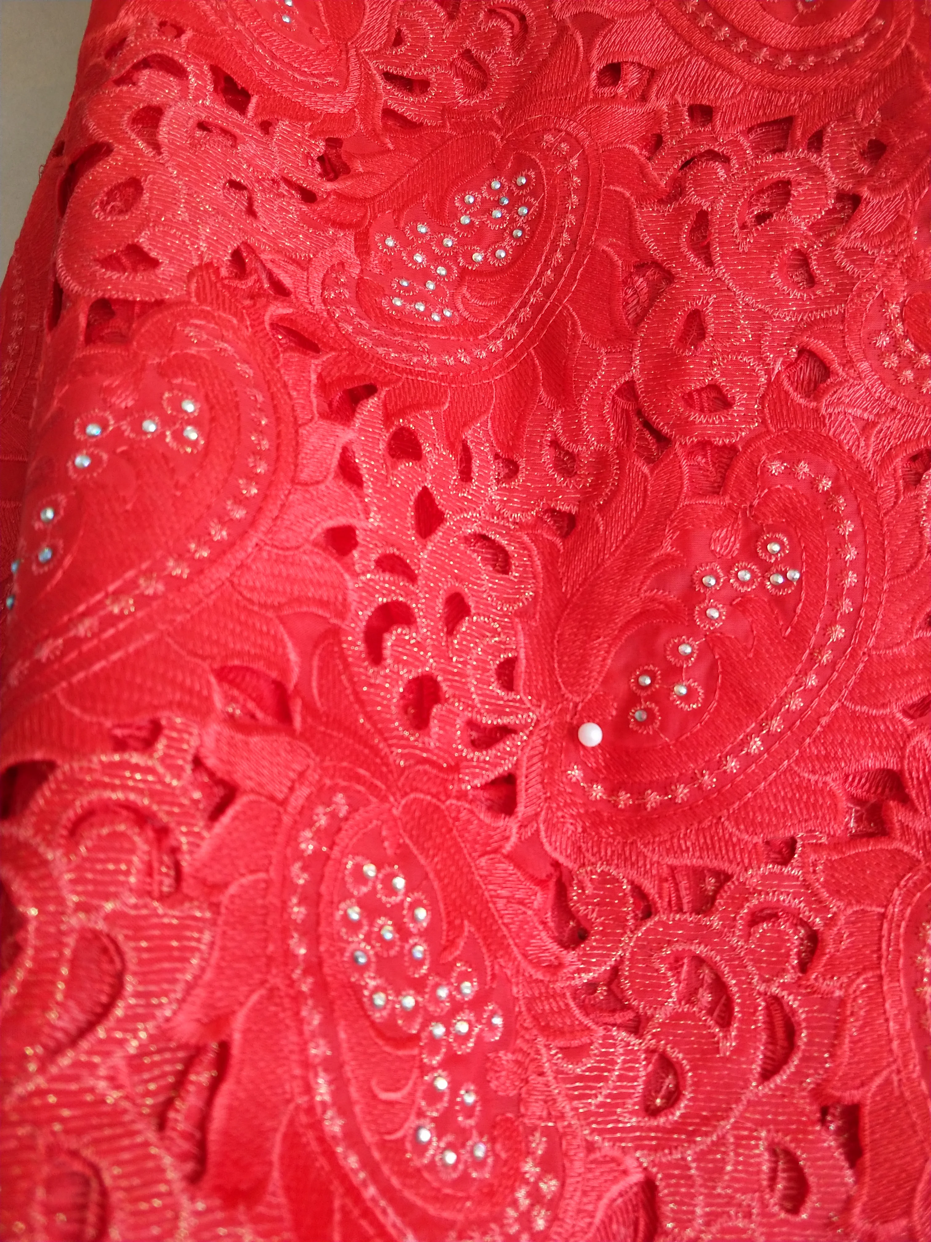 

5 yards red Handcut African lace fabric beautiful Nigeria garment sewing lace fabric with lots of stones 202025R