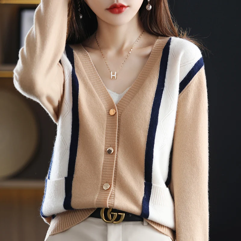 

Autumn / Winter New Cashmere Sweater Woman V-neck Cardigan Casual Knit Color Matching Tops Slim Fashion 100% Wool Female Jacket