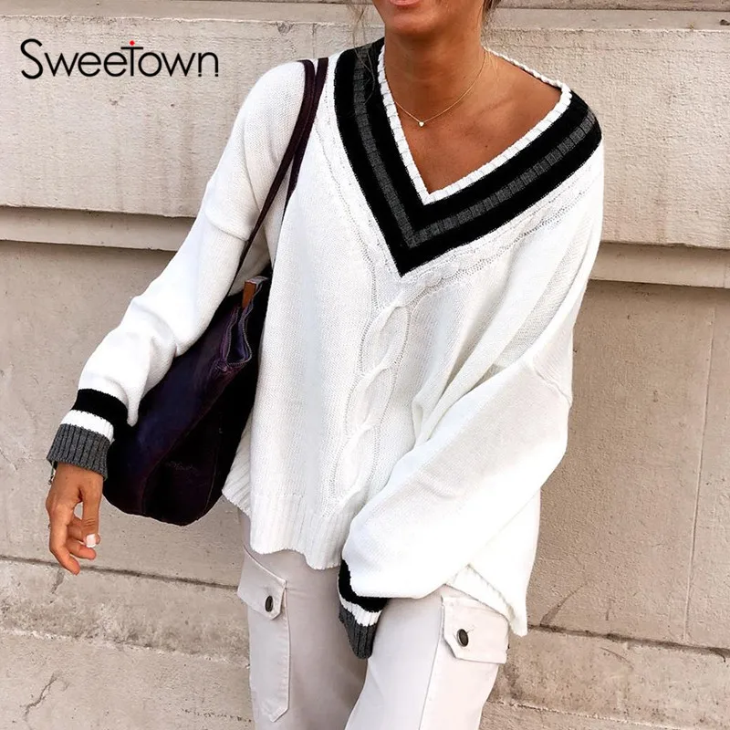 

Sweetown White Oversize New Jumpers Women Stripe V Neck Twist 90s Aesthetic Knitwear Autumn Winter Korean Fashion Knit Sweaters