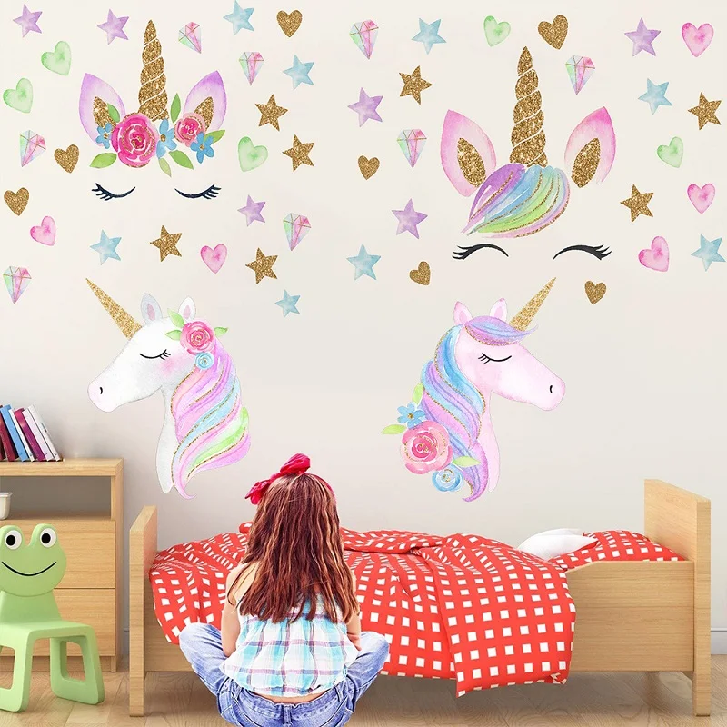 Креативные золотые единороги настенные наклейки для детской комнаты с милыми