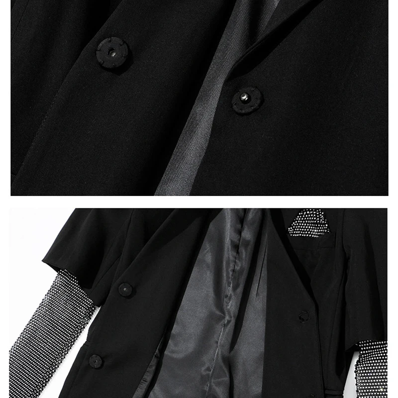 

[EAM] Loose Fit Rhinestone Blingbling Spliced Jacket New Lapel Long Sleeve Women Coat Fashion Tide Spring Autumn 2021 JZ199
