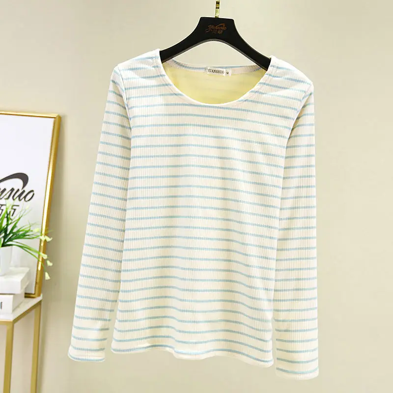 

Women 2021 Winter Fashion Thick Warm T-shirt Female O-neck Thermal Underwear Ladies Long Sleeve Stripe Cotton Tops Shirts E268