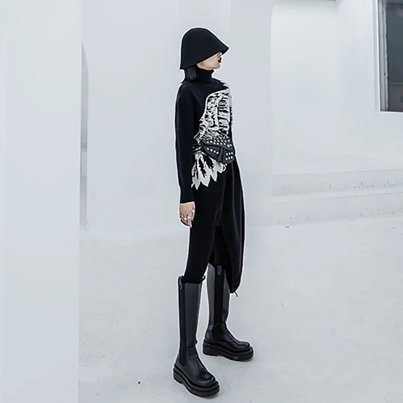 

Irregular Big Women Size Knitting Dress New Turtleneck Long Sleeve Loose Fit Fashion Tide Autumn Winter 2021 1DD1211