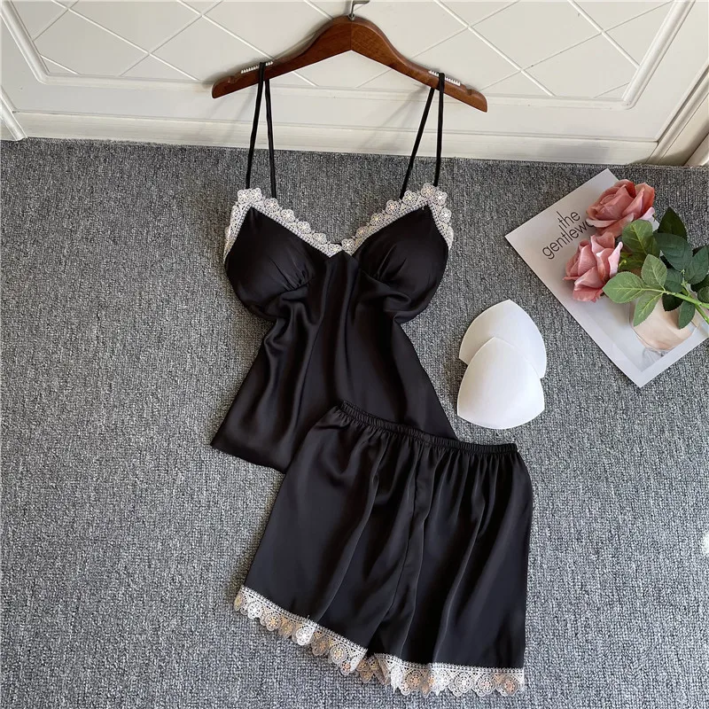 

Summer New 2PCS Pajamas Suit Female Sexy Strap Top&Short Nightwear Sleep Sets Lounge Faux Slik Sleepwear Lace Trim Home Clothes