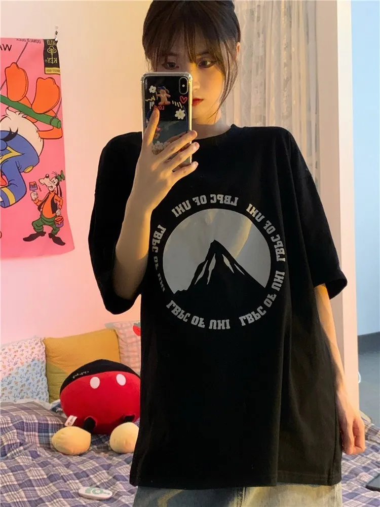 

4234 2021 new mid-length sweet cool wind loose snow mountain print T-shirt