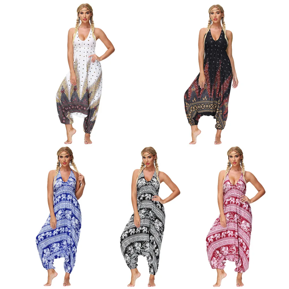 

New Elephant Print Yoga Clothes Ladies Sexy Suspenders Halter Sports Yoga Jumpsuit Bloomers Harem Pants Sportswear Casual Wear