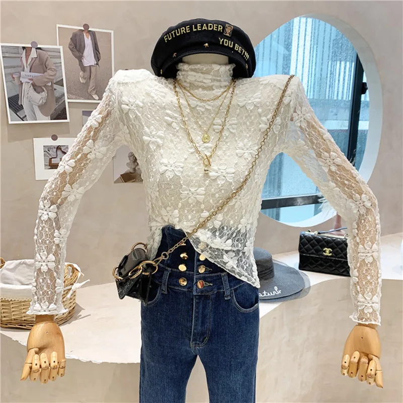 

Новинка Женская одежда осень-зима 2021 кружевная простроченная универсальная блузка с длинным рукавом Облегающая рубашка Топ