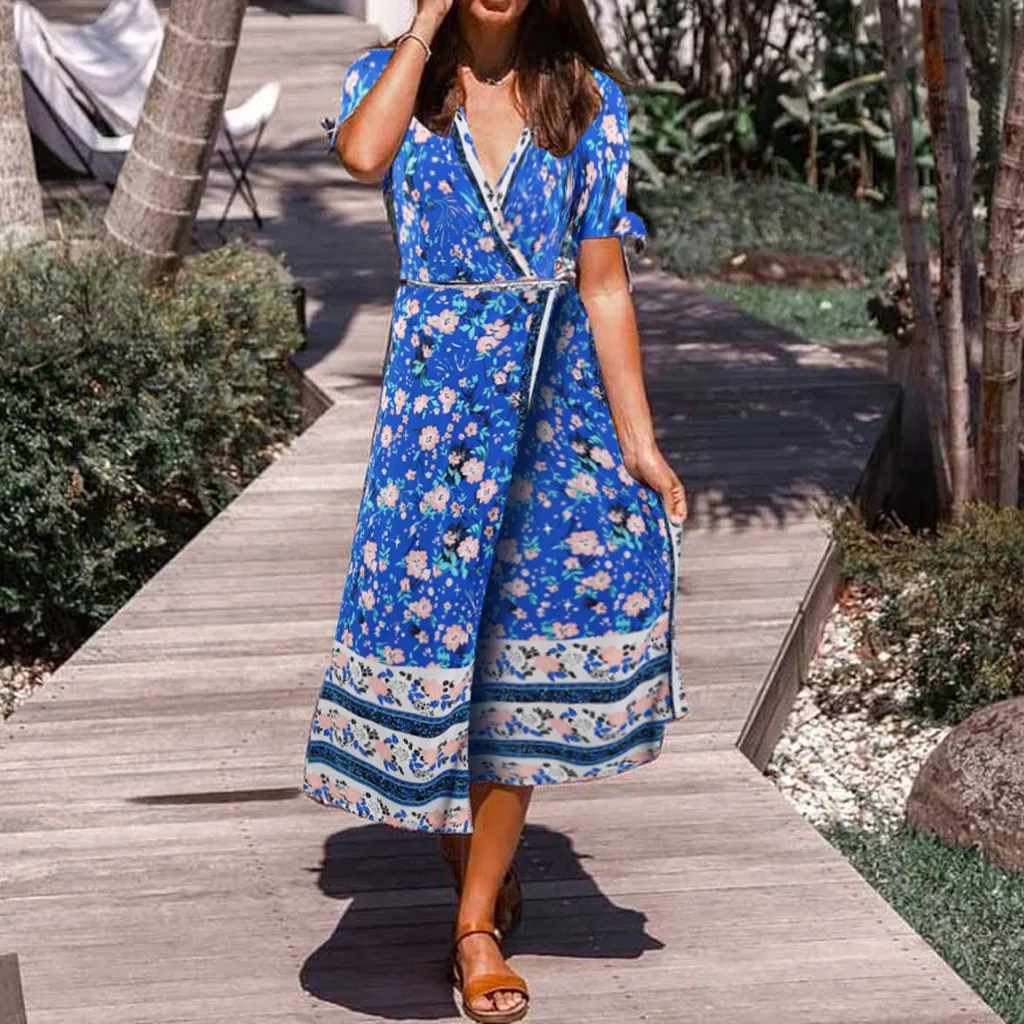 Летнее женское платье Boho длинное с v-образным вырезом и цветочным принтом