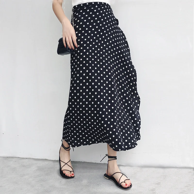 Женская юбка с высокой талией трапециевидная в горошек оборками длинная до