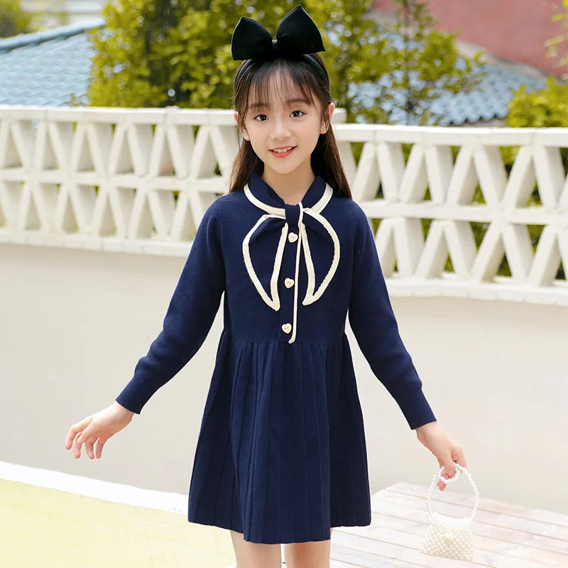 

Knit Autumn Winter Dress Long Sleeve Sweater Girls Knitted Kids Party Dresses 2020 Spring Casual Dress For Teenagers Pink Blue