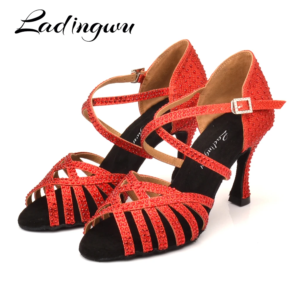 Ladingwu Zapatos De Baile Girls Glitter Red Rhinestone 10cm Women Latin Ballroom Salsa Dance Shoes For Ladies