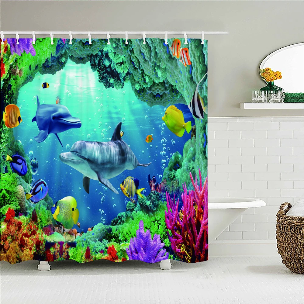 

Cartoon Ocean Dolphin Waterproof Shower Curtains Marine life Printing Bathroom Curtain Polyester With Hooks Decor Screen