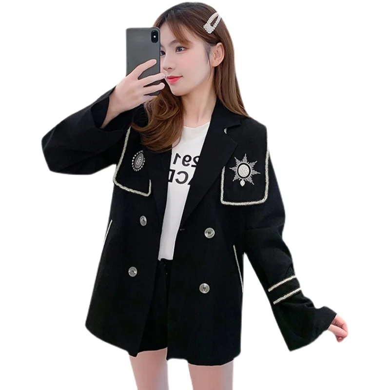 

Oversized Blazers Women Casual Vintage Embroidery Double Breasted White Navy Collar 2021 Spring Autumn Loose Suit Jacket Female