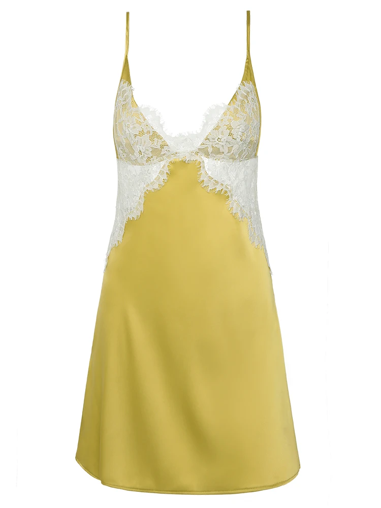 

Sexy Women Nightdress Simulation Silk Lace Strap Yellow Deep V Nightdress Silky Satin Womens Nightgown Sleepwear Lingerie
