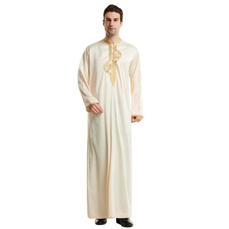 Muslim Men Emobroidery Thawb Thobe Dishdasha UAE Kandourah Saudi Arabia Traditional Costumes Islamic Clothing Modest Robe Jubba