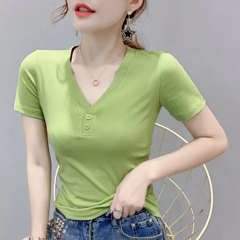 

Fruit green coat women's short sleeve summer 2020 new fashion slim slim letter shirt tide half sleeve v collar T-shirt women