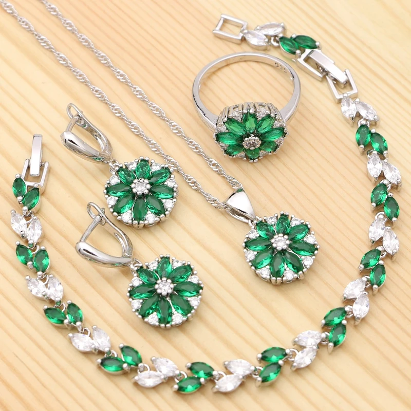 

Flower Silver 925 Bridal Jewelry Sets For Women Natural Green Cubic Zirconia Ring Bracelet Necklace Pendant Earrings Set