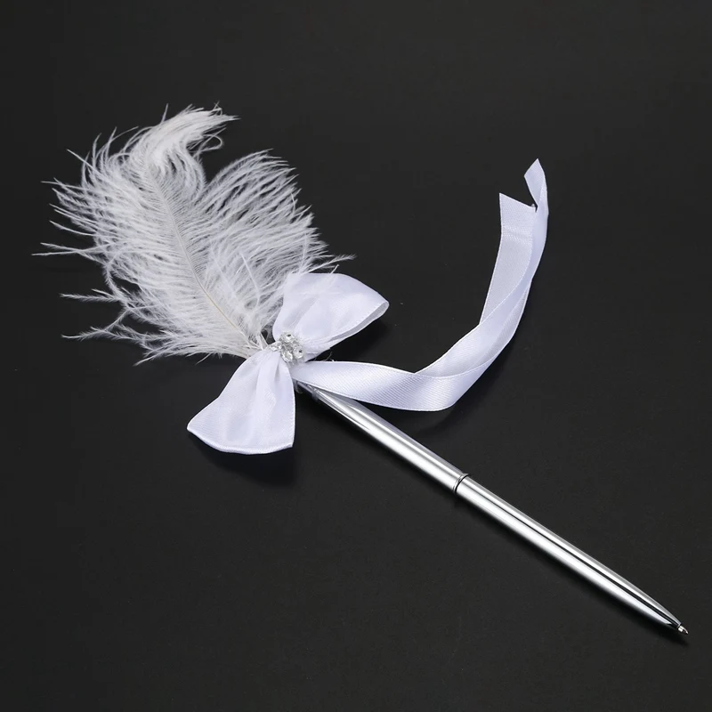 Bowknot Wedding Signing Pen White Ostrich Feather with Diamante | Business Cards