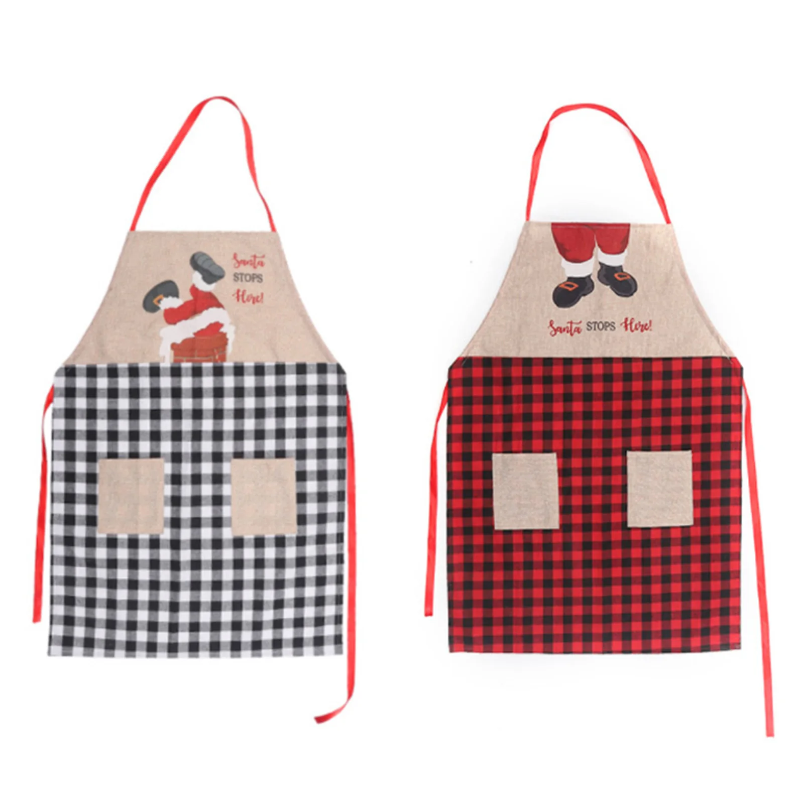 

Christmas Style Apron Premium Linen Plaid Santa Claus Climbing Chimney Apron For New Year Kitchen Accessories Fun