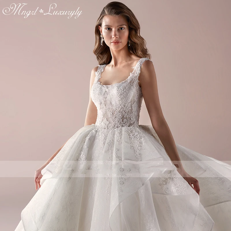 

Luxury A-line Wedding Dresses Sleeveless Square Neck Backless Glamorous Gowns Lace Applique Delicate Layered Tulle Ruffle