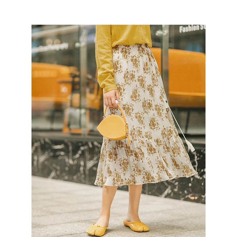 INMAN 2019 Autumn New Arrival Elastic Waist Floral Literary Young Girl Romantic Slim Chiffon Women Skirt | Женская одежда