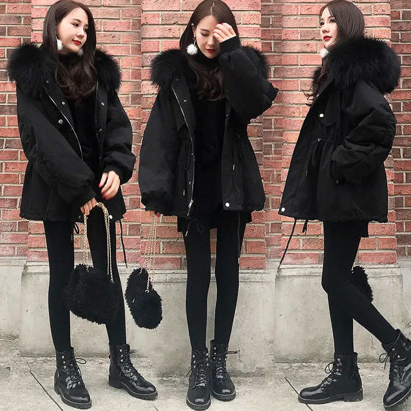 

Plus Large Wool Collar Down Winter Coat Women Korean Version Student Thickening Thin Medium Long Hooded Oversize Cotton Coat