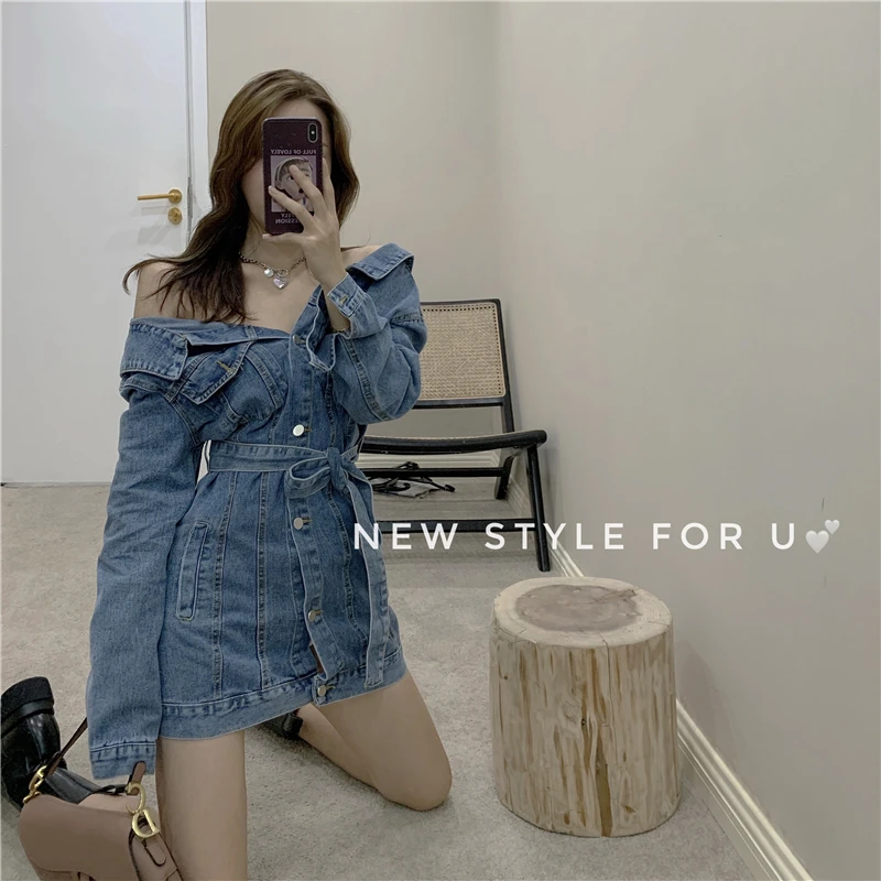 

2021 Women New Fashion with Belt Denim Mini Dress Fishion Long Sleeve Female Dresses