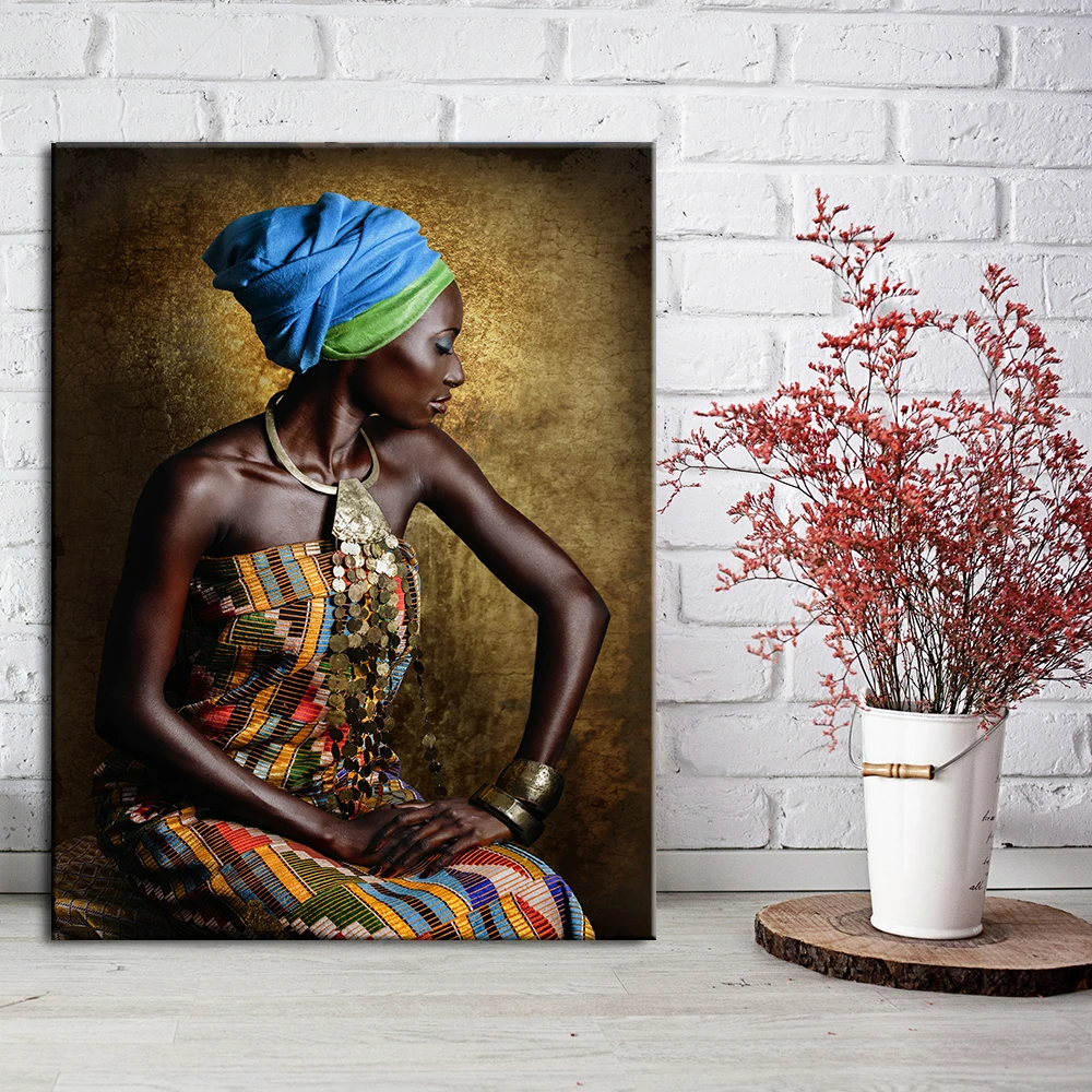 

African Brown Woman Headband Portrait Canvas Painting Posters and Print Scandinavian Wall Art Picture for Living Room Home Decor