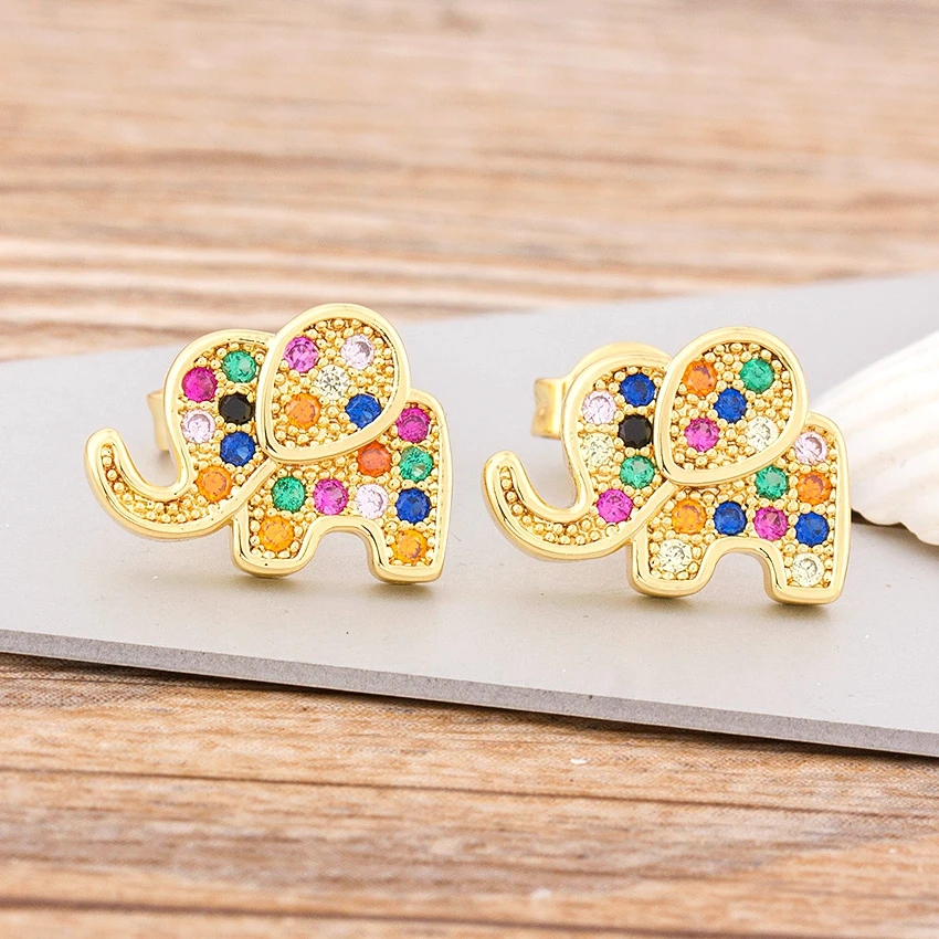 Nidin New Fashion Cute Elephant Stud Earrings for Women Rainbow Statement Charm Copper CZ Stone Jewelry Party Wedding Gift
