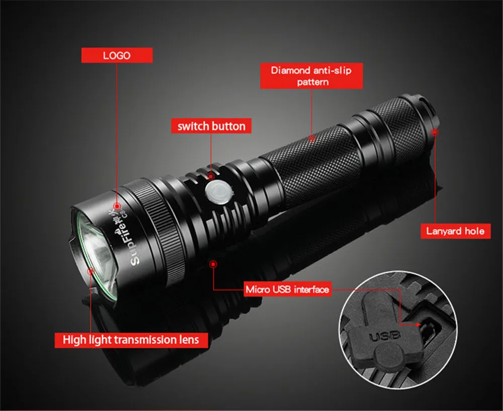 Supfire фонарик ультра яркий фонарь USB Linterna светодиодный C8-S CREE T6 18650 фонарь 2500lm 10 Вт для Nicron Convoy Fenix Sofirn
