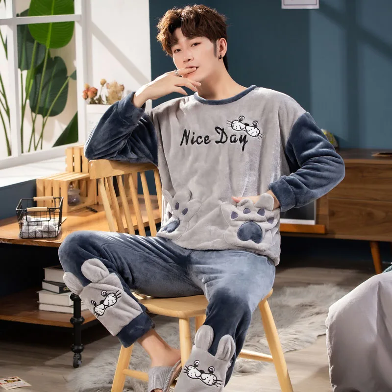 Теплая Фланелевая пижама с длинным рукавом зимние мужские пижамные комплекты