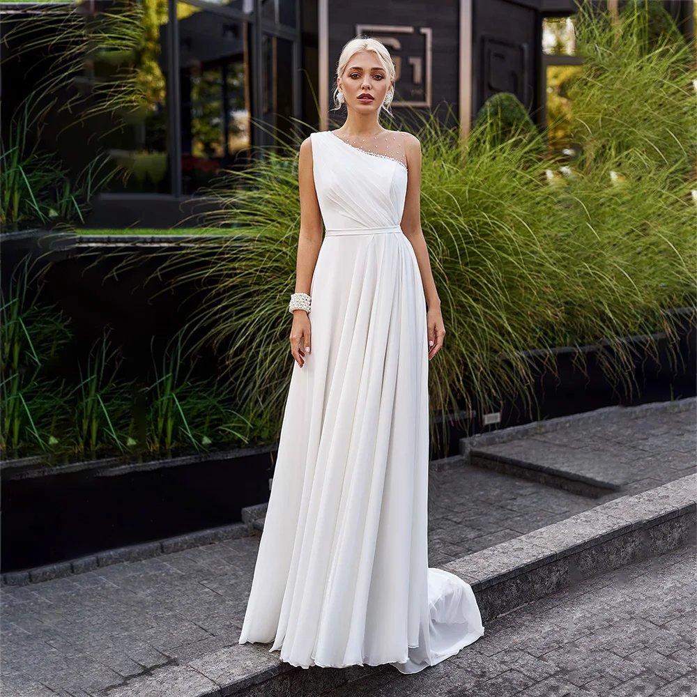 

Свадебное платье-трапеция UETEEY, платье невесты на одно плечо без рукавов, платье со шлейфом и бисером, свадебное платье с молнией на спине, 2022