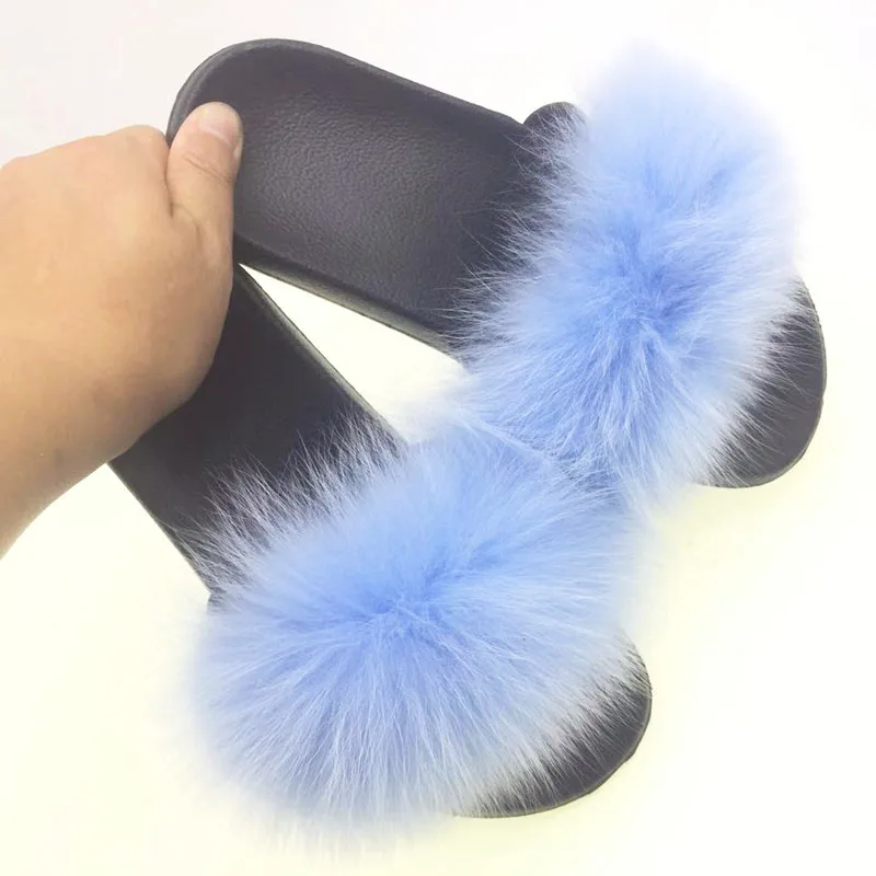 Light blue Женские модные шлепанцы из натурального меха енота; женские шлепанцы; Летние вьетнамки; унисекс; повседневные Модные босоножки с лисьим мехом; модная плюшевая обувь - Цвет: Light blue