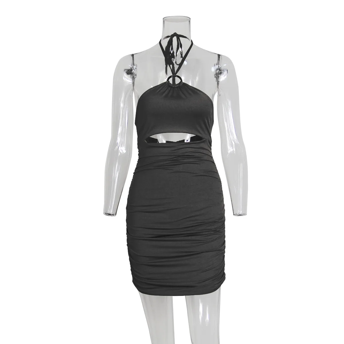 

Sexy Women Solid Color Sleeveless Hollow Out Vestidos Off The Shoulder Halter Backless Bodycon Sheath Party Clubwear Mini Dress