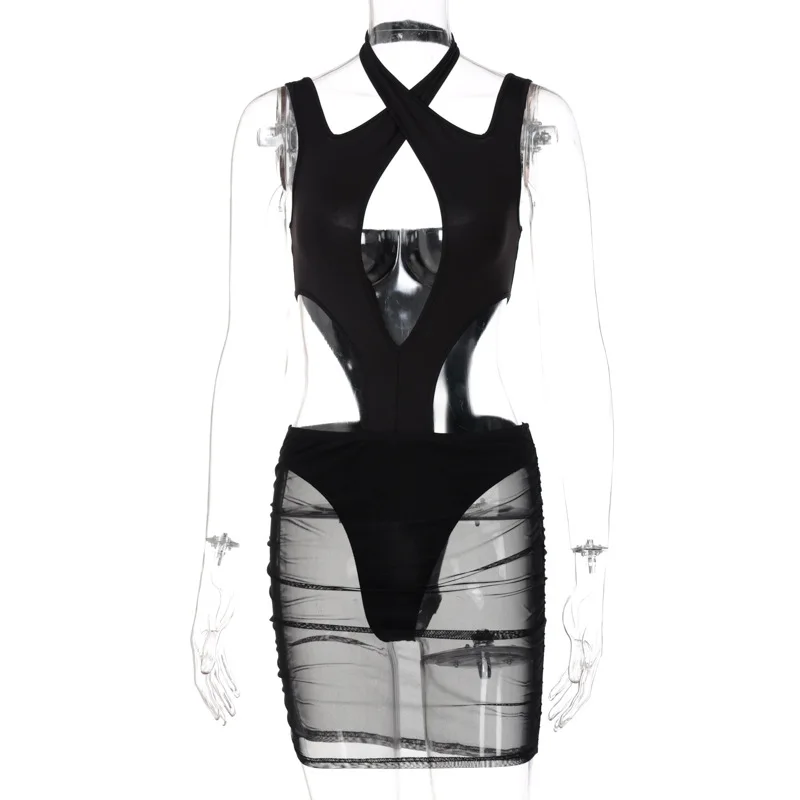 

Summer New Women's Dress Solid Color Sleeveless Sexy Mesh Stitching Hollow Dress Slim Deep V Dress Casual Midi Dresses 2021