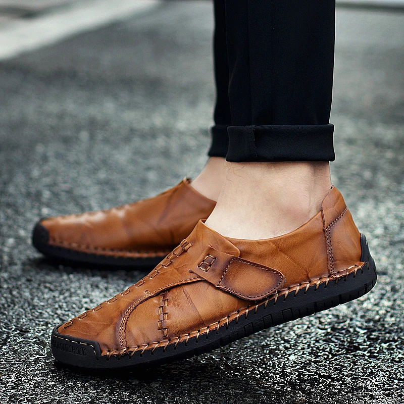 

New Men Shoes Genuine Leather Men Casual Outdoor Shoes Brand Comfortable Handmade Mens Loafers Travel Hiking Shoes Slip on Flats