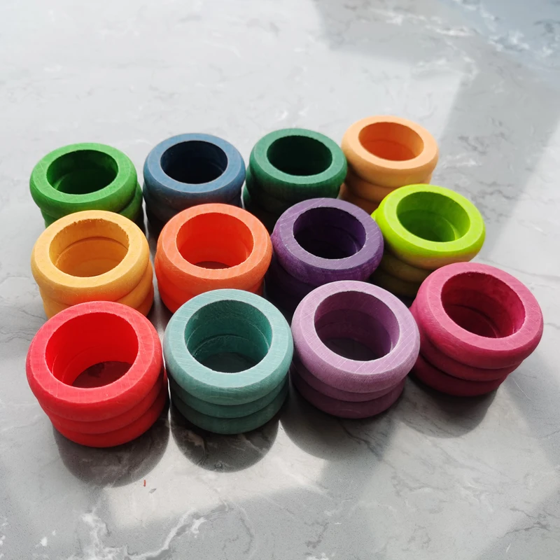 

72PCS Kids Wooden Toys Beech Rainbow Coins and Rings Stackable Montessori toys Nature Loose Parts Creative Toys 12 colors