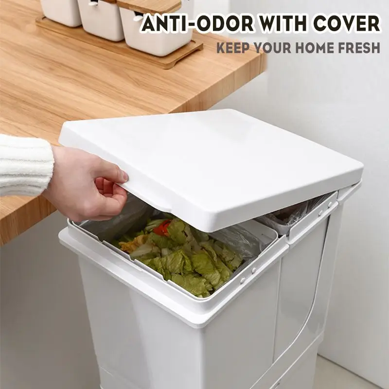 

42L Dry and Wet Plastic Waste Bin Sorting Trash Can With Wheels Kitchen Trash Can Rubbish Bin Household Trash w/drawer