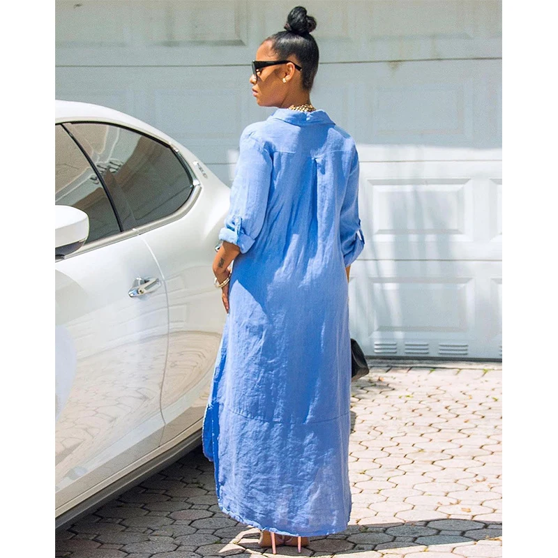 

Double Side Split Fashion Long Party Dress Women Buttons Up Full Sleeve Loose Shirt Dress Streetwear Turn Down Collar Maxi Dress