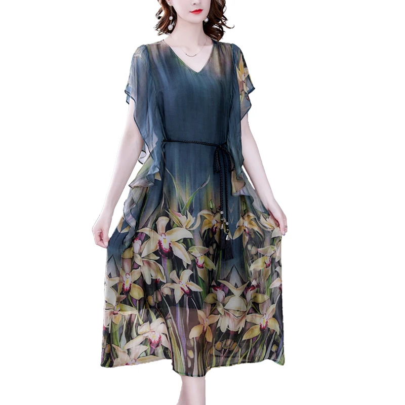 2022 Loose Print Natural Silk Midi Dress Summer Vintage Casual Chiffon Dress Elegant Women Bodycon Party Evening Vestidos images - 6