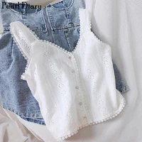pearl diary women cotton eyelet embroidery tank top white color picot elegant crop tank top sweet casual buttoned up short top