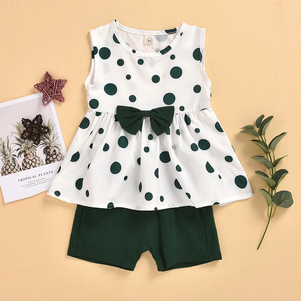Топы без рукавов в горошек с бантом для маленьких девочек + однотонные шорты