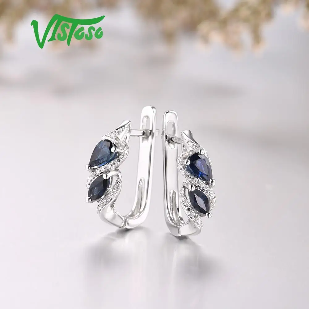 VISTOSO золотые серьги для Для женщин Чистый 14 K 585 Белое золото сверкающий синий сапфировый бриллиант Юбилей Свадебные Элегантные изысканные украшения