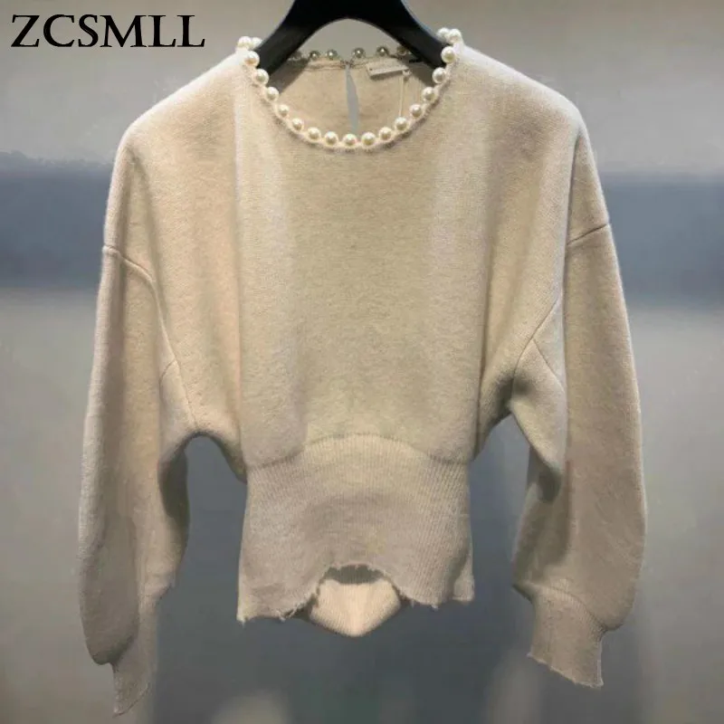 

ZCSMLL 2021 spring Spring New Round Neck Pullover Vintage Fashion Pearl Wool Sweater Black Pullover Women Ins Tide