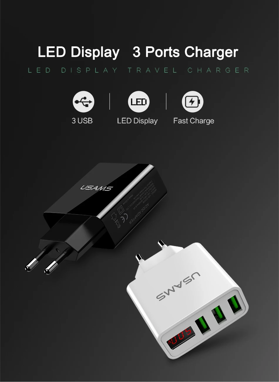 USAMS, 3 порта, USB зарядное устройство для телефона, светодиодный дисплей, штепсельная вилка европейского стандарта, всего макс., 3 А, умное быстрое зарядное устройство, мобильное настенное зарядное устройство для iPhone, iPad, samsung