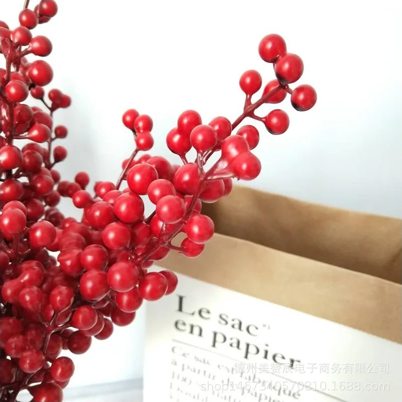 

3pcs Red Artificial Fruit Berries Beans Flowers Home Christmas Decorative Fake Flowers For Wedding Party Garden Decor