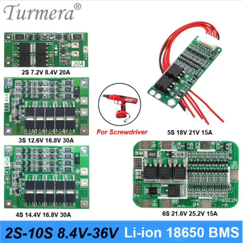 

Turmera 2S 3S 4S 5S 6S 10S BMS 18650 Lithium Battery Protect Board for 7.2V 12V 16.8V 18V 21V 25V 36V Screwdriver Batteries Use