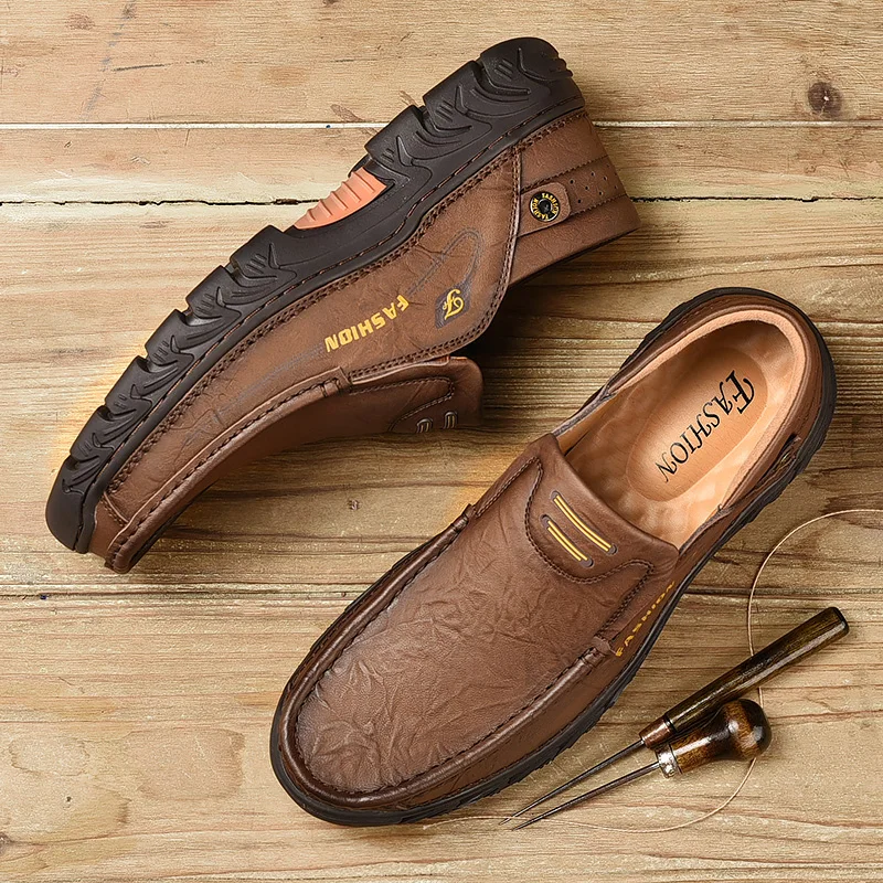 Мужские удобные лоферы из натуральной кожи на плоской подошве повседневная