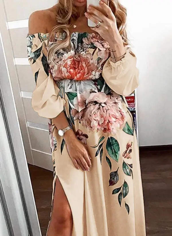 

Women's Printed Side Slit Party Dress Spring and Summer Sexy Strapless Elegant Ladies Slim Dress Vestidos