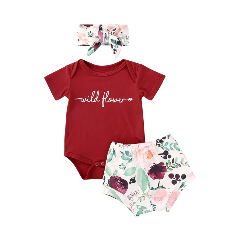 

Комплект одежды для маленьких девочек, боди с коротким рукавом и надписью + шорты головного убора + повязка на голову для младенцев 0-18 месяце...